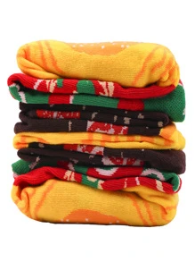 3pairs/set Hamburger Print Mid-calf Socks In Summer For Men, Couple Casual Socks, Gift Box