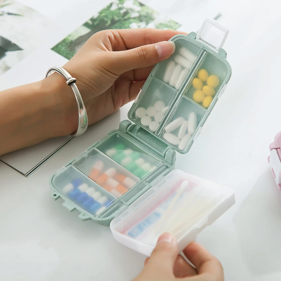 Hộp đựng thuốc 8 ngăn, hộp đựng thuốc du lịch có vòng niêm phong, hộp đựng thuốc nhỏ, hộp đựng thuốc bằng rơm lúa mì, hộp đựng thuốc hình gấu dễ thương, hộp sắp xếp thuốc, bộ sơ cứu, túi y tế, thích hợp cho du lịch, nhà cửa, cắm trại, leo núi ngoài trời, săn bắn. - Màu xanh bạc hà - Xem 1