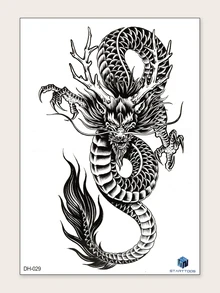STARTTOOS 1pc Black Classic Dragon Temporary Tattoo Sticker For Men, Large Arm/Chest Fake Tattoo - Black - View 5