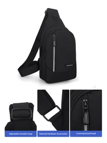 Mini Men Earphone Hole Zip Sling Bag Chest Bag - Black - View 1
