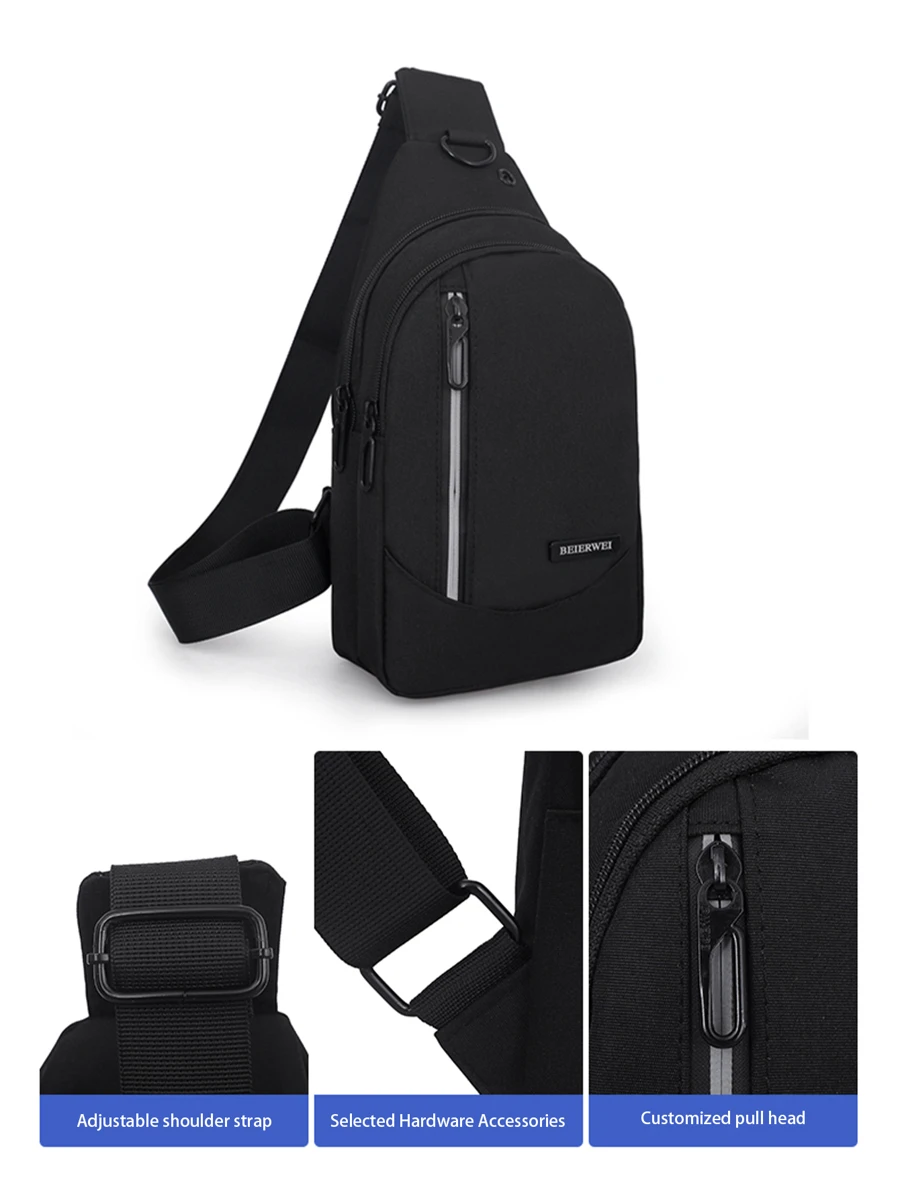 Mini Men Earphone Hole Zip Sling Bag Chest Bag - Black - View 1