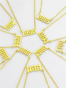 1件 时尚简约个性化创意复古优雅女士风格90年代风格生日数字年份吊坠项链 - 金色 - 查看 2