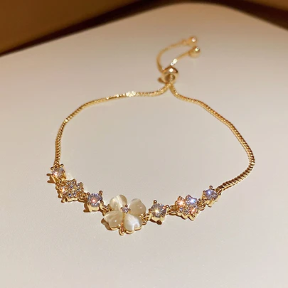 1 chiếc Vòng tay xích kéo tinh tế đính đá Rhinestone & mắt mèo & cánh hoa cho ngày lễ tình nhân, mẹ, mẹ, ngày của mẹ, quà tặng