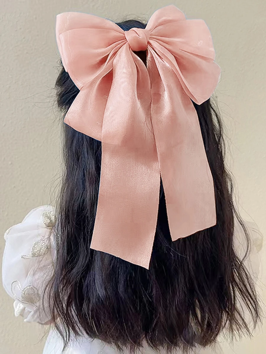 Grampo de cabelo com laço de fita de tecido de cetim para meninas, grampo de primavera com laço de cetim brilhante, adequado para o dia a dia ou para a escola, lançamento primavera/verão - Rosa - Ver 1