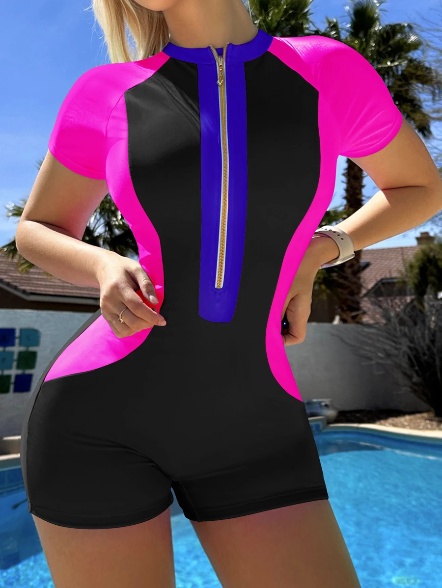 Colourblock Zip Front One Piece Swimsuit - Multicolor - View 1