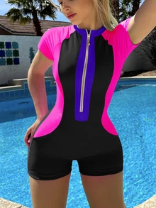 Colourblock Zip Front One Piece Swimsuit - Multicolor - View 3
