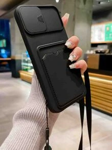 附卡槽和掛繩素色手機殼，相容於 iPhone 15/15Pro/15Plus/15Promax - 黑色 - 查看 3