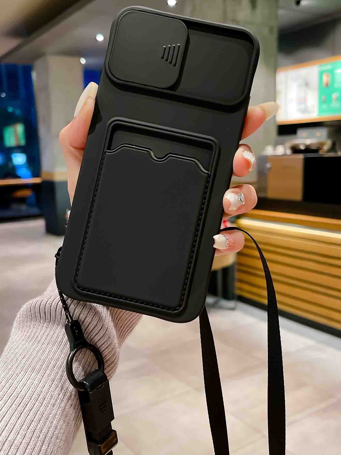 附卡槽和掛繩素色手機殼，相容於 iPhone 15/15Pro/15Plus/15Promax - 黑色 - 查看 1