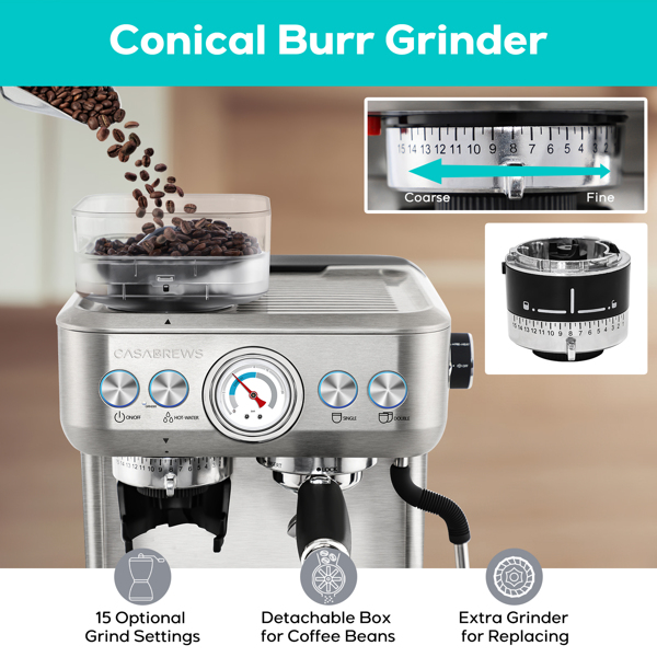 CASABREWS Espresso Machine With Grinder, Professional Espresso Maker With Milk Frother Steam
