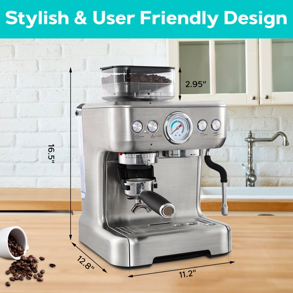 CASABREWS Espresso Machine With Grinder, Professional Espresso Maker With Milk Frother Steam