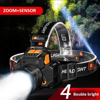 LED釣魚頭燈，帶變焦和傳感器便攜式手電筒，可充電和防水，適合戶外露營和打獵