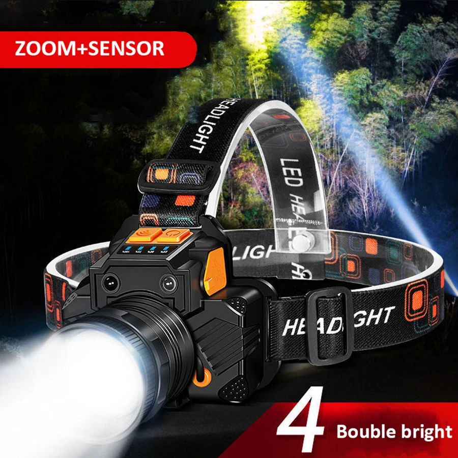 LED釣魚頭燈，帶變焦和傳感器便攜式手電筒，可充電和防水，適合戶外露營和打獵 - 黑色 - 查看 1