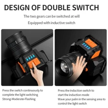 LED釣魚頭燈，帶變焦和傳感器便攜式手電筒，可充電和防水，適合戶外露營和打獵 - 黑色 - 查看 4