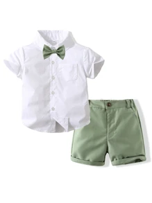 KIMOCAT 男嬰前蝴蝶結襯衫和短褲 - 綠色 - 查看 1