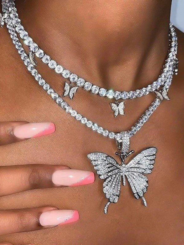 2 bucăți colier cu strass în formă de fluture exagerat la modă europeană și americană pentru bărbați și femei, bijuterii în stil hip-hop