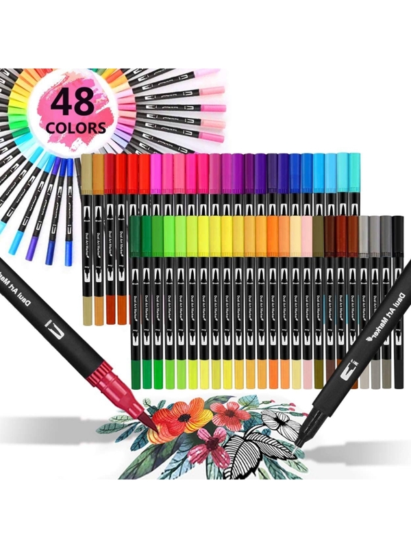 Dual Markers Brush Pen, Colored Fine Point Marker & Brush Highlighter
