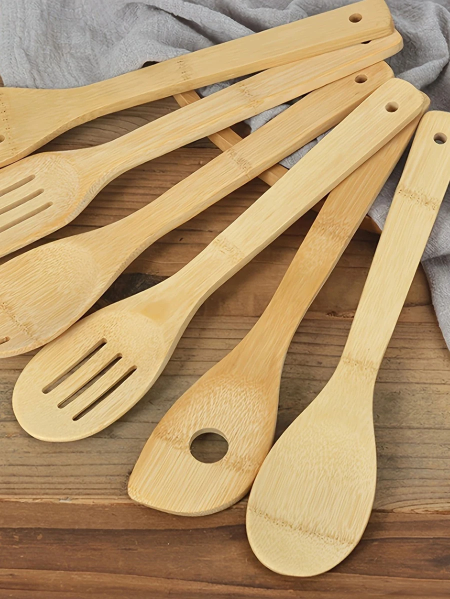 6pcs Wooden Utensils, Wooden Spoons For Cooking Bamboo Utensil Set, Apartment Essentials Wood Spatula Spoon Nonstick Kitchen Utensil Set, Premium Quality Housewarming Gifts Wooden Utensils For Everyday Use, Kitchen, Christmas Gift