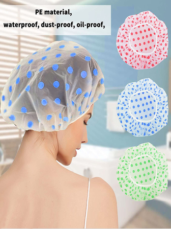 1入組藍色圓點防水帽，一次性家用淋浴帽，防濕髮，防油煙防污