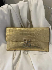 時尚百搭金色PU皮革鱷魚印花信封手拿包 - 金色 - 查看 6