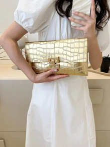 時尚百搭金色PU皮革鱷魚印花信封手拿包 - 金色 - 查看 5