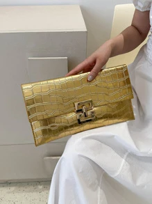 時尚百搭金色PU皮革鱷魚印花信封手拿包 - 金色 - 查看 3