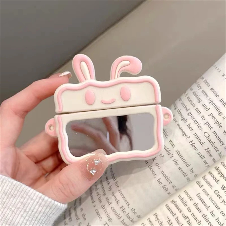 Bunny Cute Rabbit Ear Mirror Apple Headphone Case Bluetooth Protective Cover (Headphone Not Included)
