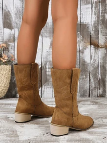 女士刺繡粗跟西部靴，優雅的戶外仿麂皮靴，女士牛仔靴 - 卡其色 - 查看 5