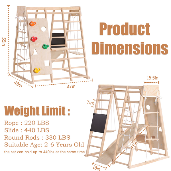 Indoor Playground Jungle Gym, 8 in 1 Montessori Wooden Climbing Playset