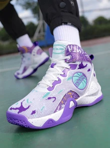 Sporty Basketball Shoes For Men, Colorblock Letter Graphic Lace-Up Front Sneakers - Màu tím - Xem 2
