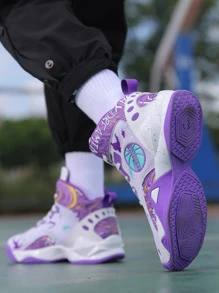 Sporty Basketball Shoes For Men, Colorblock Letter Graphic Lace-Up Front Sneakers - Màu tím - Xem 3