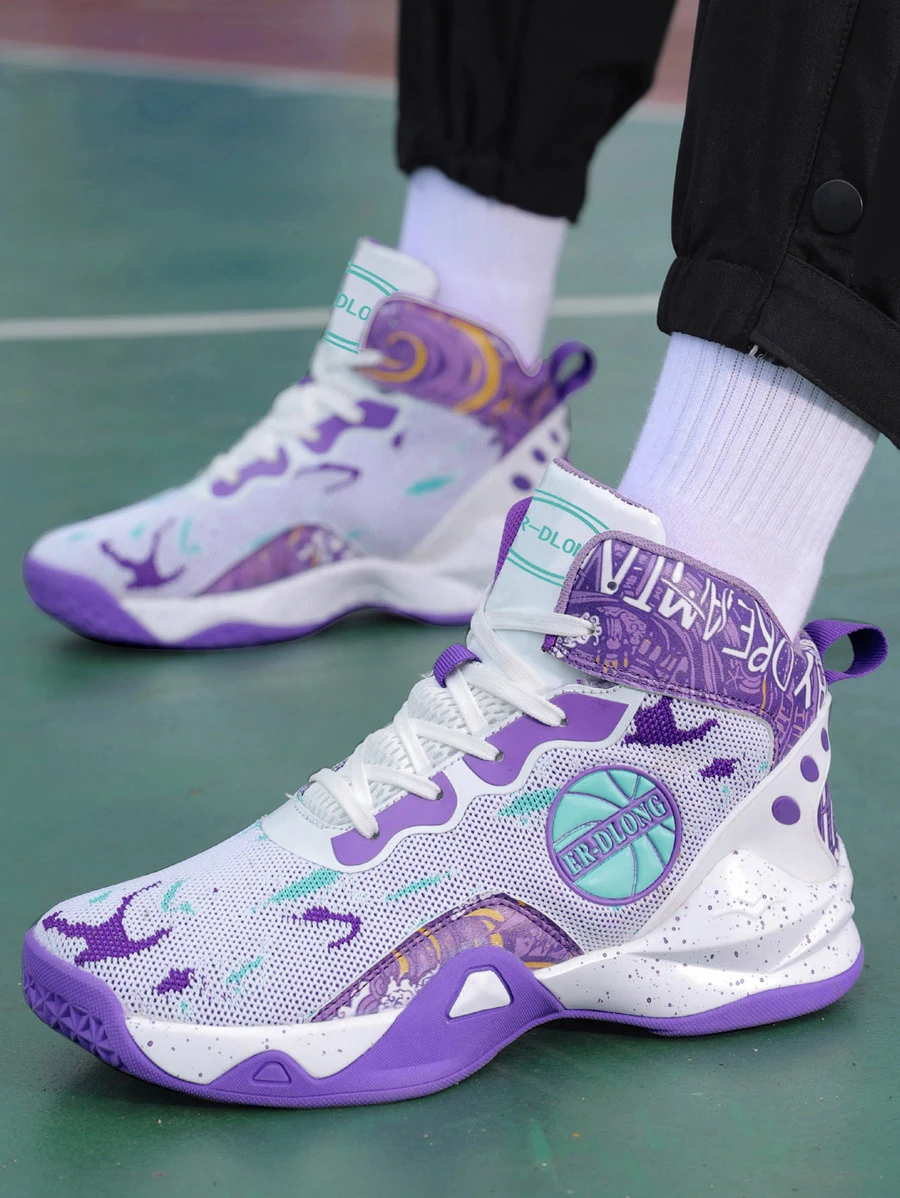 Sporty Basketball Shoes For Men, Colorblock Letter Graphic Lace-Up Front Sneakers - Màu tím - Xem 1