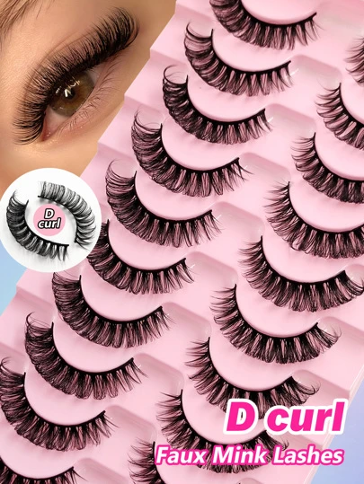 Asiteo Russian Strip Lashes 10 Pairs D Curl Fluffy Faux Mink Lashes Dramatic Volume Fake Eyelashes Extensions Makeup Strip Lashes,Lashes,Eyelashes,Fake Lashes