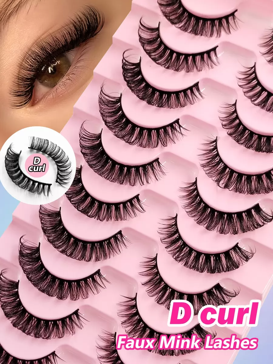 Asiteo Russian Strip Lashes 10 Pairs D Curl Fluffy Faux Mink Lashes Dramatic Volume Fake Eyelashes Extensions Makeup Strip Lashes,Lashes,Eyelashes,Fake Lashes