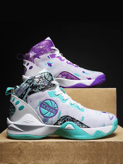 Sporty Basketball Shoes For Men, Colorblock Letter Graphic Lace-Up Front Sneakers