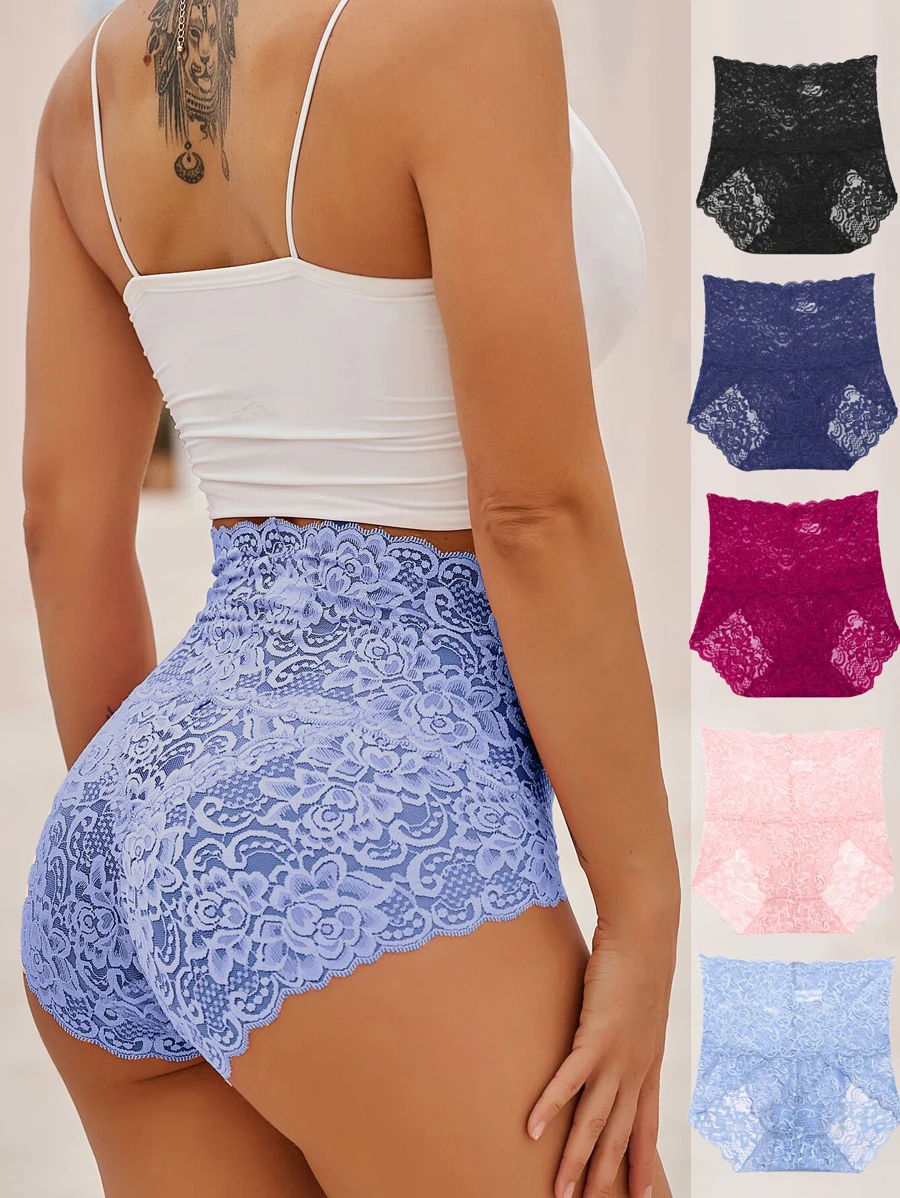 5pcs Solid Color High-Waist Slimming Lace Sexy Lingerie Hipster Panties For Women - Multicolor - View 1