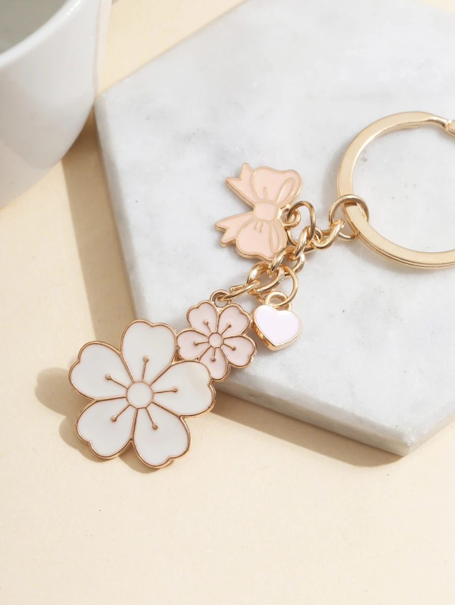 Elegant Flower & Heart Charm Keychain Valentine's Day Car Accessories Bag Charm Backpack For School - Multicolor - View 1