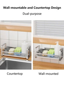 1pc Stainless Steel Sink Organizer Drying Rack, Hanging Sponge Holder,  Faucet Storage Rack with Plastic Tray - Silver - View 2