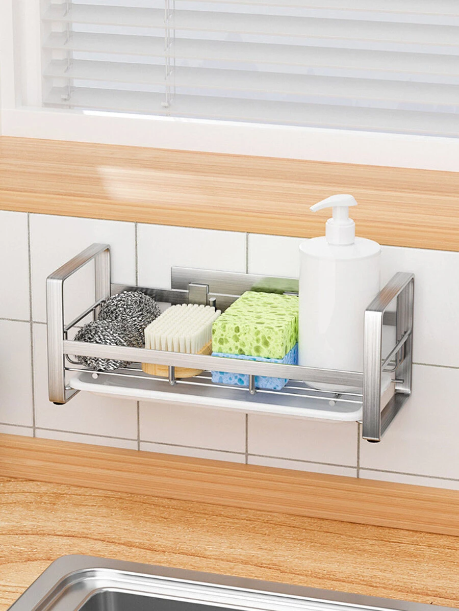 1pc Stainless Steel Sink Organizer Drying Rack, Hanging Sponge Holder,  Faucet Storage Rack with Plastic Tray - Silver - View 1