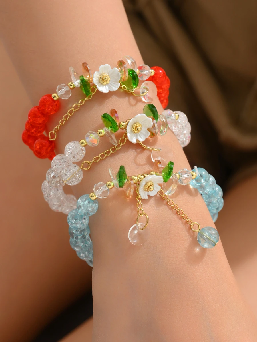 3入組花朵裝飾串珠手鏈套裝 - 彩色 - 查看 1