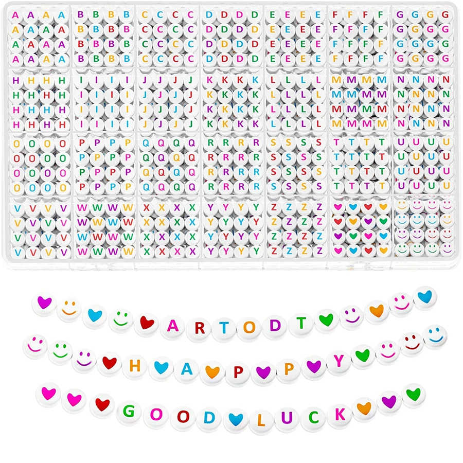 980 顆/盒 4x7 毫米壓克力字母珠，28 種款式，彩色臉部和心形 Diy 珠寶珠套裝 - 白色 - 查看 1