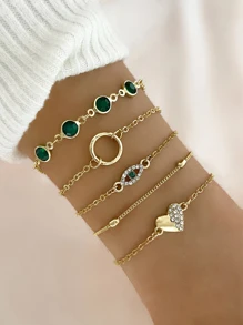 5入組鏤空圓形造型水鑽鑲嵌愛心掛飾手環 - 金色 - 查看 1