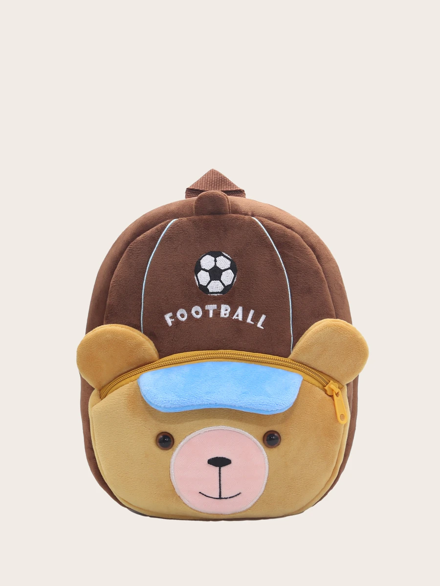 1pc Cute Football Brown Bear Plush Material Backpack For Children, Zipper Closure, Suitable For Kindergarten, Daily Use - Coffee Brown - View 1