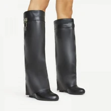 Arqa Fold Over Boots Wide-Calf Wedge Heel Knee High Boot With Decorative Lock Valentines - Black - View 5