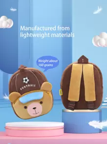 1pc Cute Football Brown Bear Plush Material Backpack For Children, Zipper Closure, Suitable For Kindergarten, Daily Use - Coffee Brown - View 3