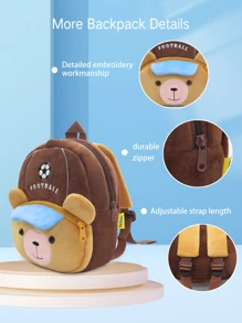 1pc Cute Football Brown Bear Plush Material Backpack For Children, Zipper Closure, Suitable For Kindergarten, Daily Use - Coffee Brown - View 2