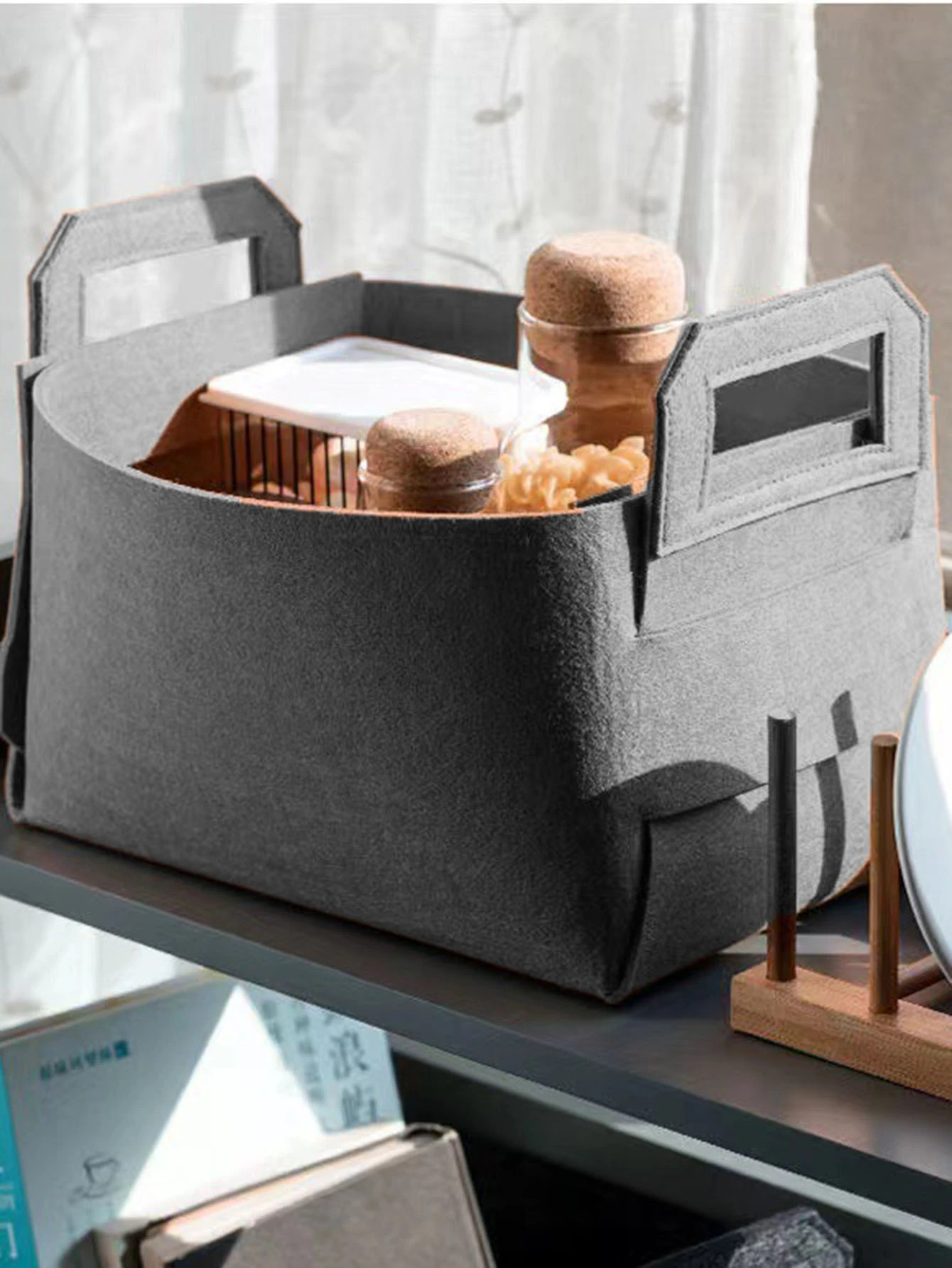 毛氈儲物籃無紡布收納盒用於玩具和雜物、雜物袋 - 灰色 - 查看 1