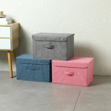 1pc Foldable Linen CD Storage Box, Collapsible Storage Bin With Lid, Toy Organizer Basket, Laundry Hamper - Camel - View 3