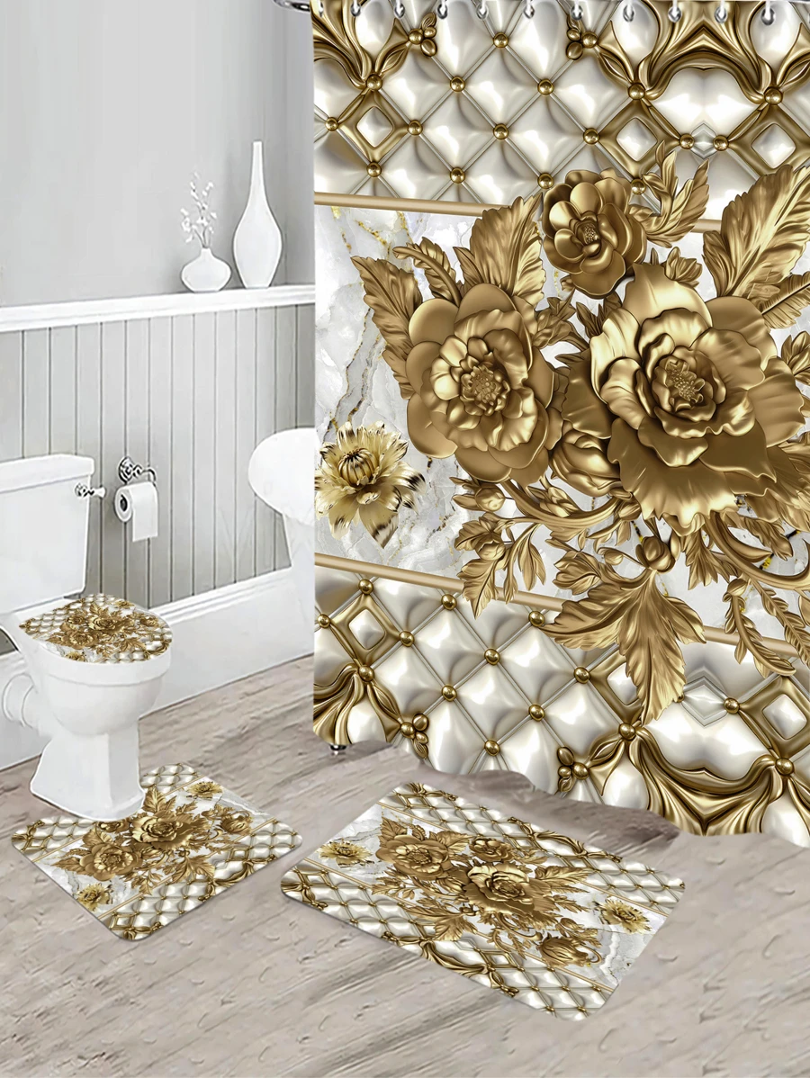 1入組印花浴室毯或1入組浴簾,現代滌綸防滑馬桶墊 - 彩色 - 查看 1