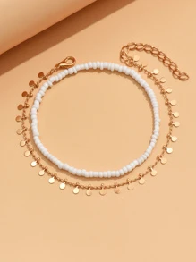 2pcs/Set Beach Vacation Style Pearl Beaded Chain Anklet (Avoid Contact With Water) - Multicolor - View 2