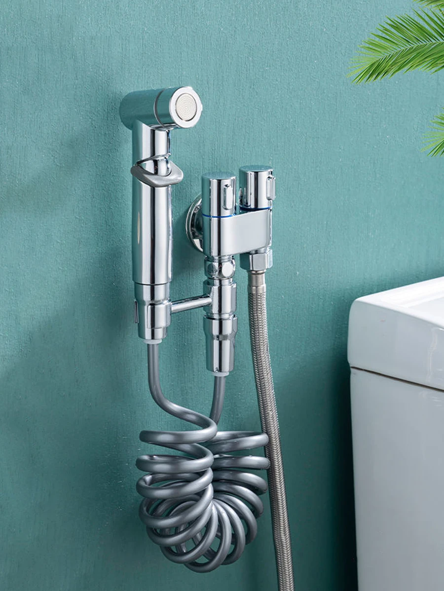 3入組廁所伴侶套裝帶雙出口角閥門和女士清潔噴槍和可擴展軟管 - 銀色 - 查看 1